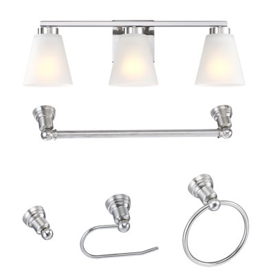 22 in.3-Light Brushed Nickel Vanity Light with Frosted Glass Shade and Bath Set (5-Piece)