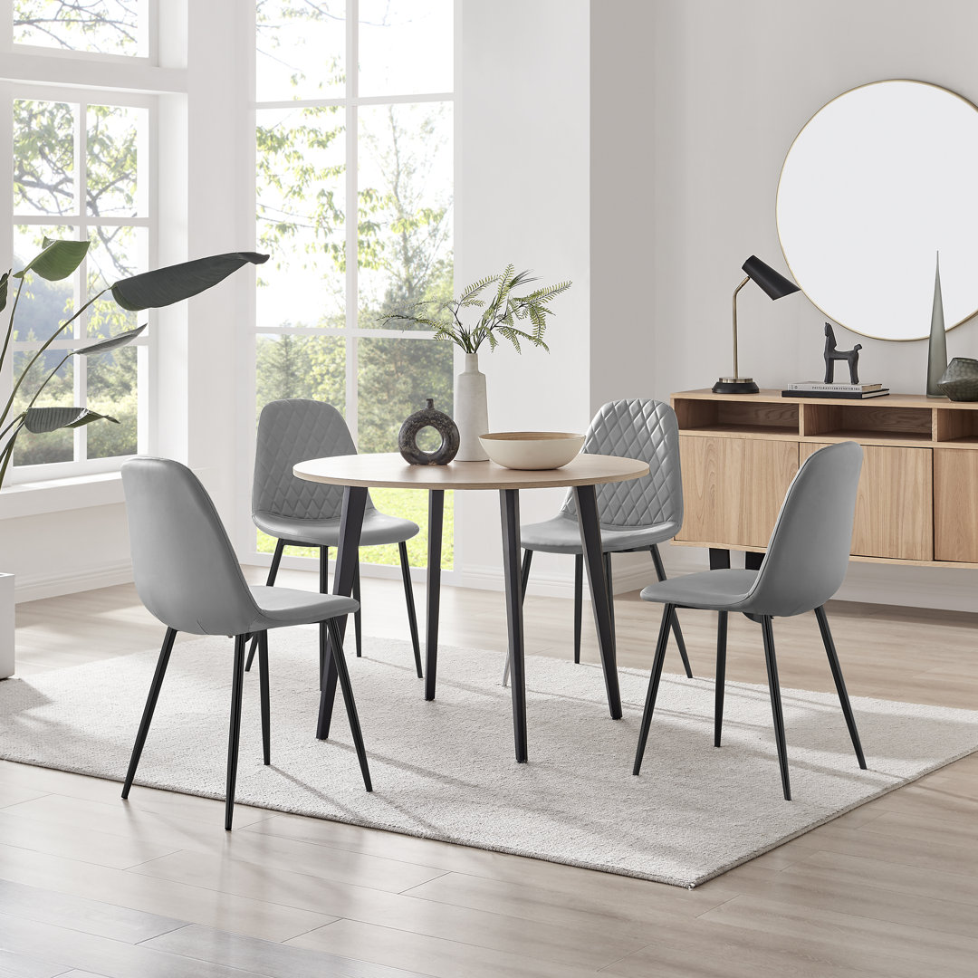 Betsab Oak Effect Round Dining Table & 4 Faux Leather Dining Chairs - Melamine Scratch Resist Top