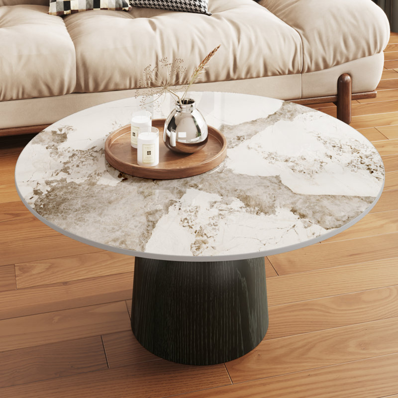 Modern Round Coffee Table with Faux Marble Tabletop and Pedestal Solid Wood, Cocktail Table for Living room & Home Decor