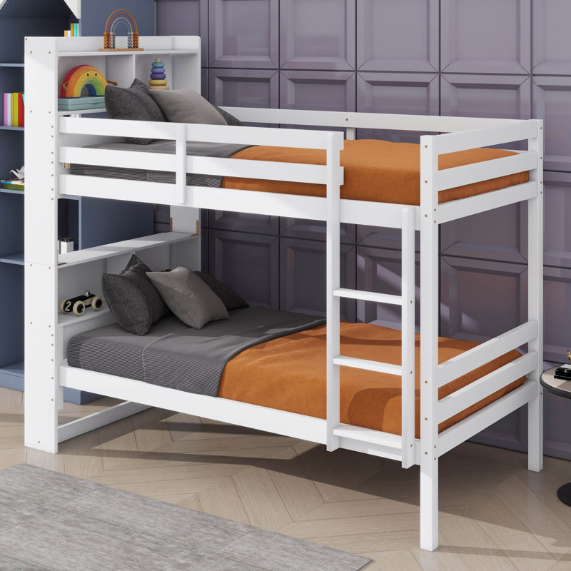 Lit superposé simple en bois d'hévéa avec bibliothèque convertible, Blanc