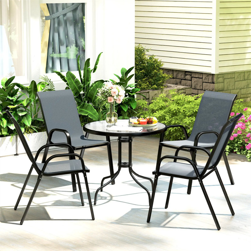 Five-Piece Steel Patio Set, with Glass-Top Table, Gray