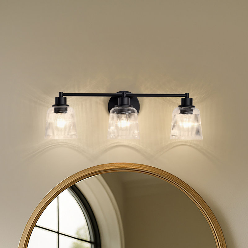 Amissa - coiffeuse - finition noir mat - verre nervuré transparent, 24 po de largeur, Trois lumières