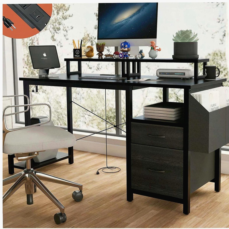 Bureau d'ordinateur 47,3 po avec prise de courant, supports pour écran, tablettes, bureau / table d'écriture / bureau de jeu avec tiroirs