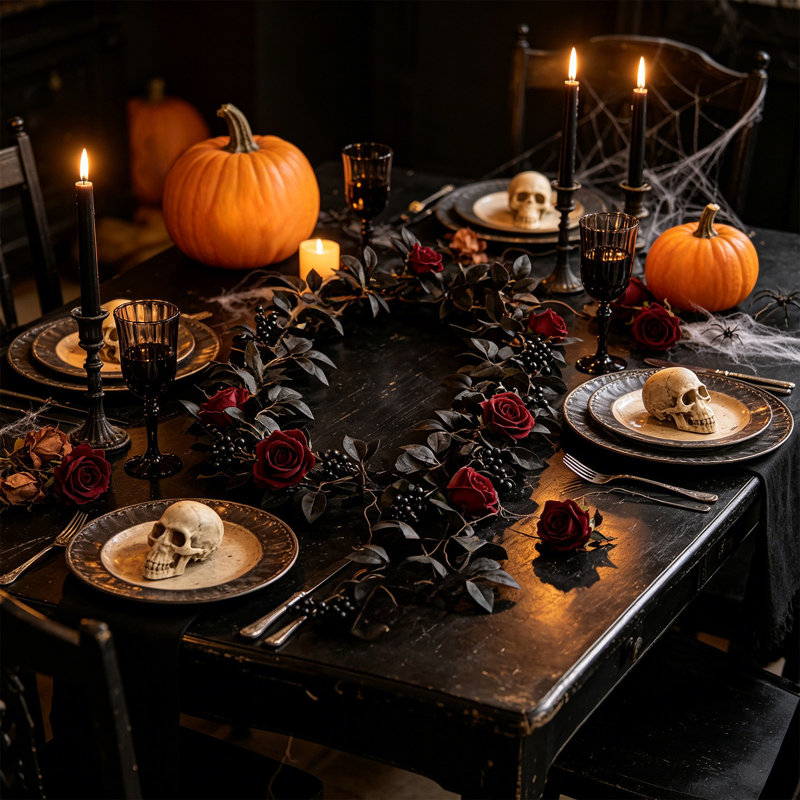 Décorations de mariage d'Halloween : guirlandes de roses noires artificielles, guirlandes de feuilles de roses noires pour décorations florales d'arches intérieures et extérieures