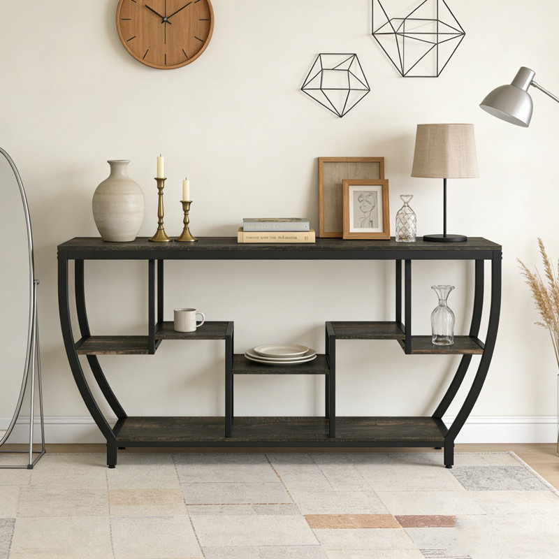 Industrial Console Table Entryway Sofa Table with Shelves, Black