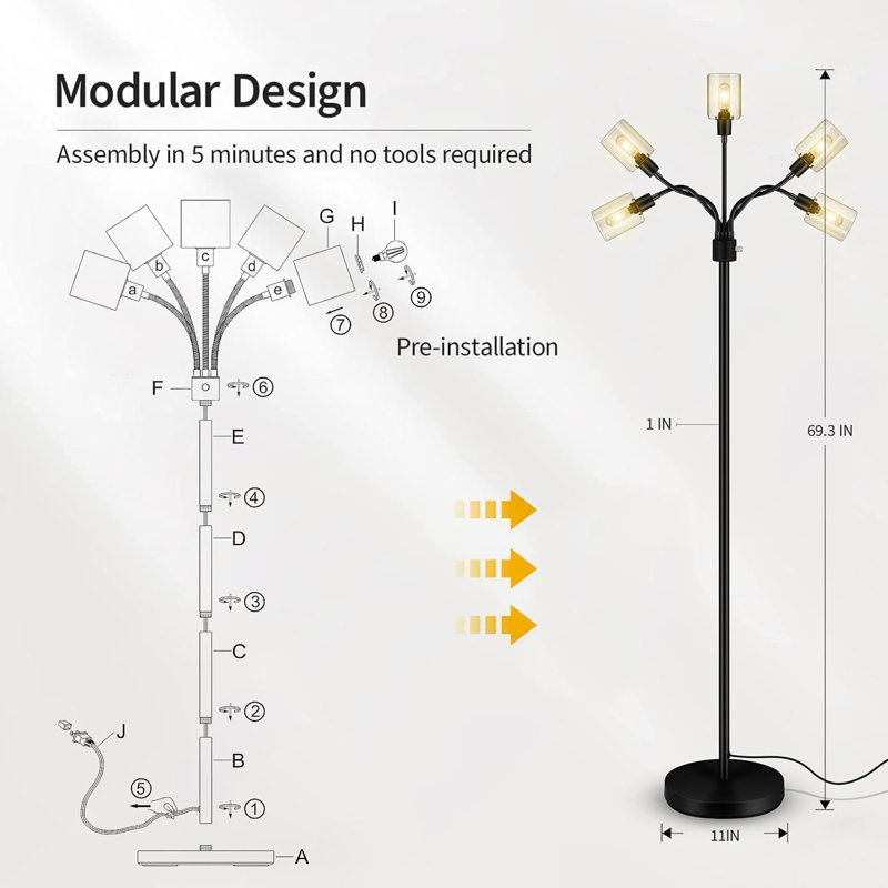 Lampe sur pied industrielle avec ampoule à DEL, interrupteur à 3 voies et pédale pour salon / chambre à coucher