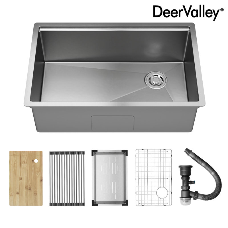 DeerValley 760 x 480 x 250mm Undermount Kitchen Sink, Stainless Steel Workstation Single Bowl Sink with Accessories