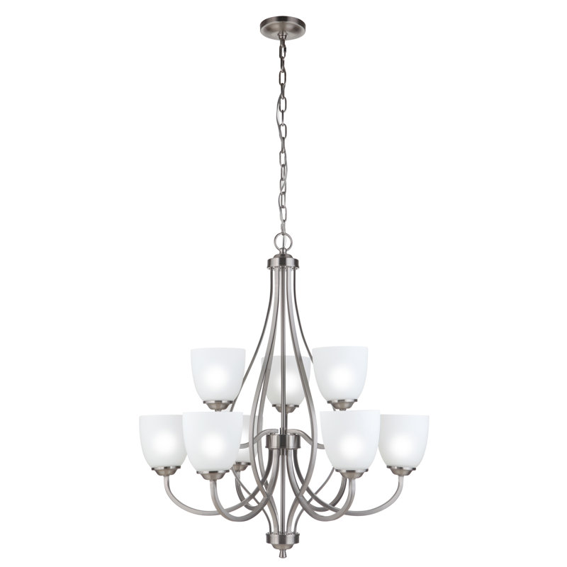 Lustre à niveaux 9 lumières Eridani, Nickel poli brossé, Blanc givré