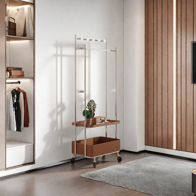 Stainless Steel Coat Rack with Leather Storage, Brown