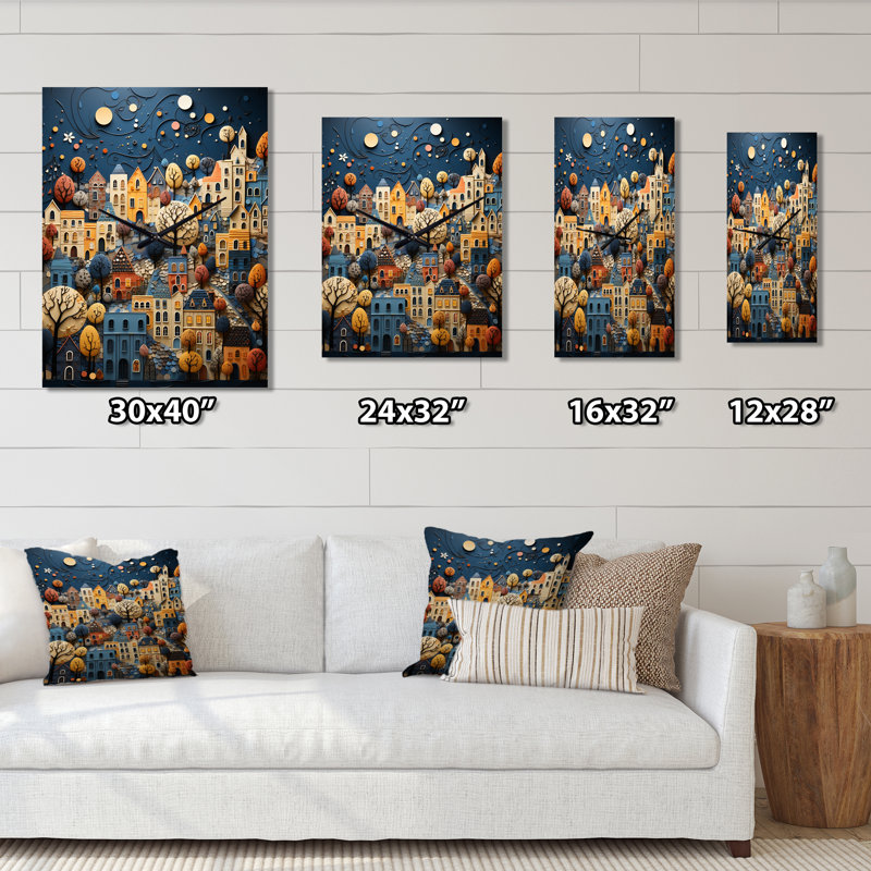 Blue Mystic City Collage - Horloge murale moderne City Fantasy, Médium