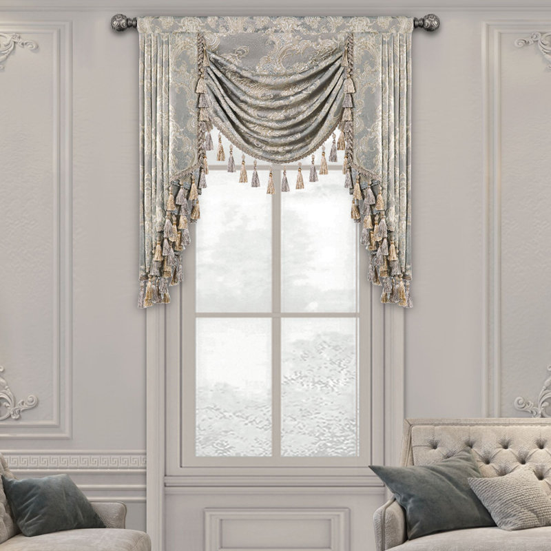 Classic Swag Valance with Tassels, Light Gray Jacquard Waterfall Valance, Window Treatment 1 Panel, 45" H x 39" W
