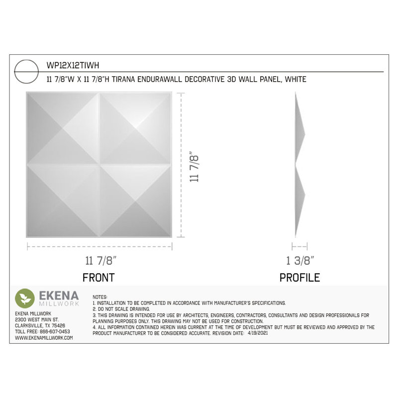 11 7/8"W X 11 7/8"H Tirana Endurawall Decorative 3D Wall Panel Covers 48.96 Sq. Ft. (50/PK)