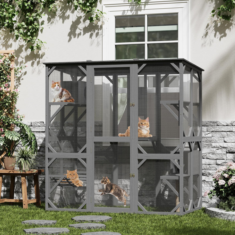70 in Walk-In Catio with Window Access, Extra Large Outdoor Cat Enclosure for Multiple Cats, Waterproof Roof Cattery with Bridge and Scratching Post Outside Cat Patio Playpen Grey