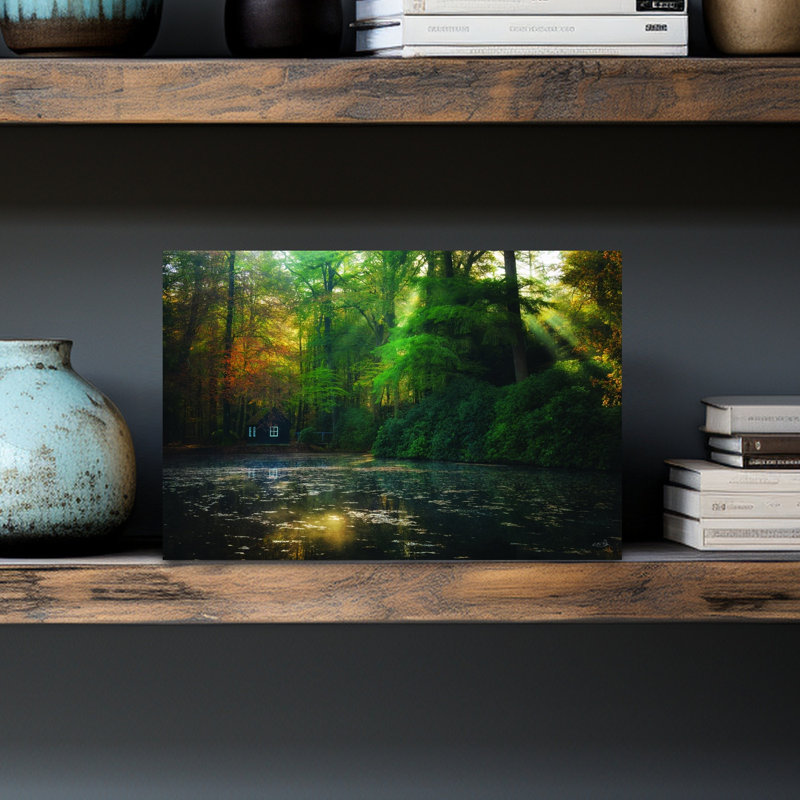 Cozy Lake Cottage, art contemporain abstrait forêt d'automne, H 12 po x l 18 po