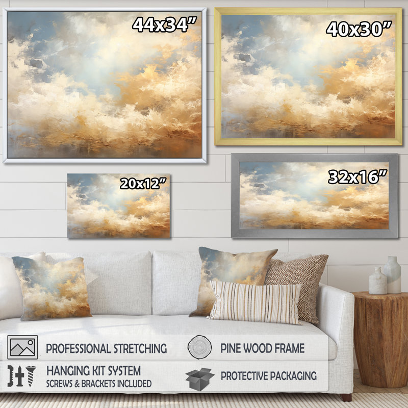 Beige doré minimalisme nuages V - nuages mur art salon, Cadre photo blanc, H 34 po x l 44 po x P 1,5 po