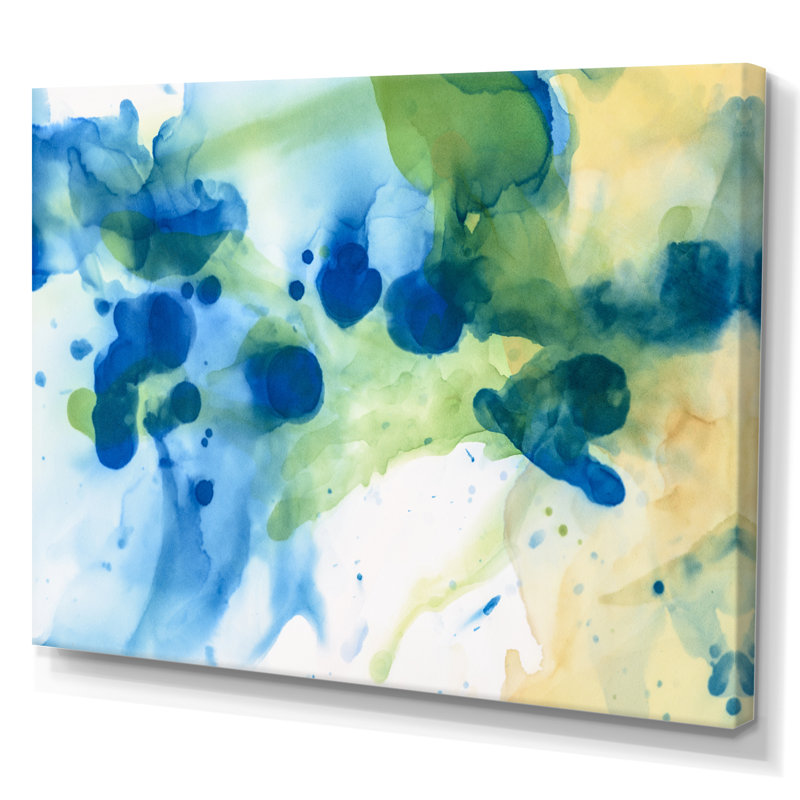 Encre verte, éclaboussures bleues et œuvres d'art sur toile moderne, H 24 po x l 36 po x P 1,5 po, Toile tendue