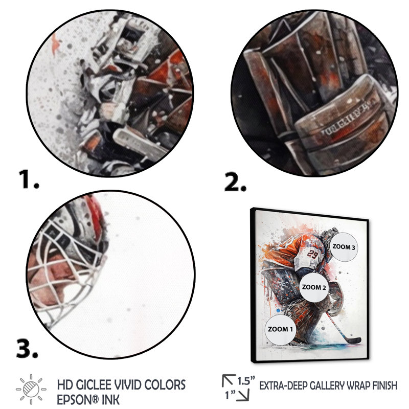 Gardien de but pendant le match de hockey IV - Impression sur toile, H 32 po x l 24 po x P 1 po, Cadre flottant noir