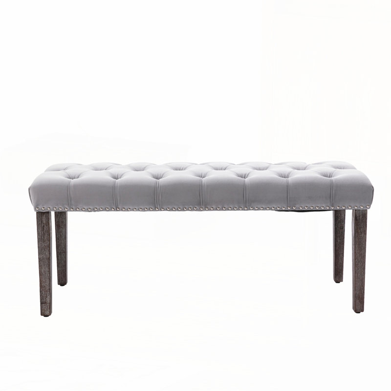 Upholstered Tufted Bench Ottoman, Light Gray, Espresso
