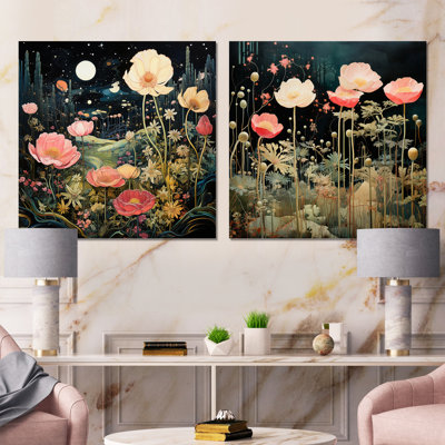 Enigma, fleurs de jardin roses et vertes I - Tachisme, ensemble de 2 toiles d'art mural