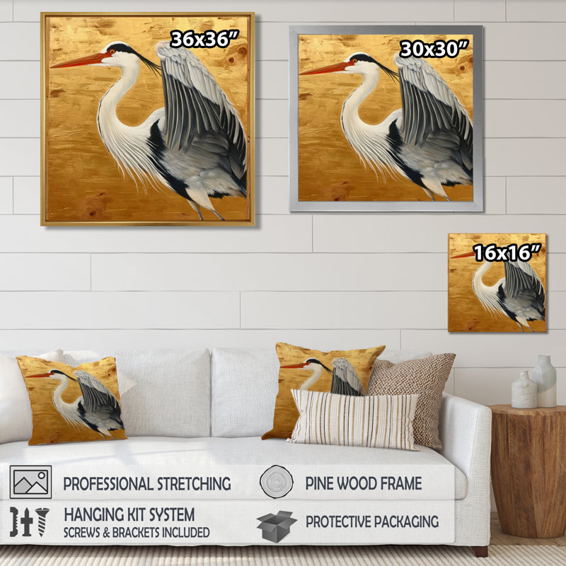 Héron prêt pour le décollage sur fond doré - héron, art mural, H 30 po x l 30 po, Toile flottante noire encadrée