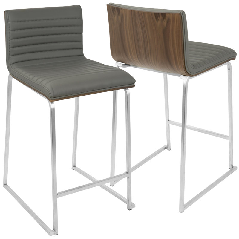Mara 26" Contemporary Counter Stool In Brushed Stainless Steel, Walnut Wood, And Grey Faux Leather By Lumisource - Set Of 2