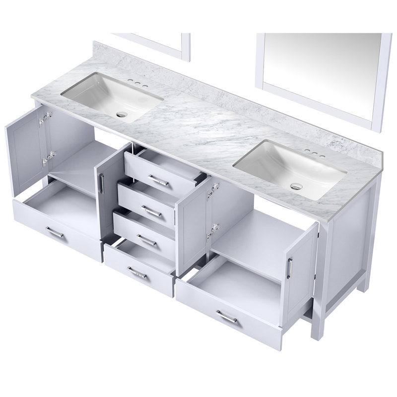 Meuble-lavabo double l 80 po x P 22 po, comptoir en marbre de Carrare et miroir de 30 po, Blanc