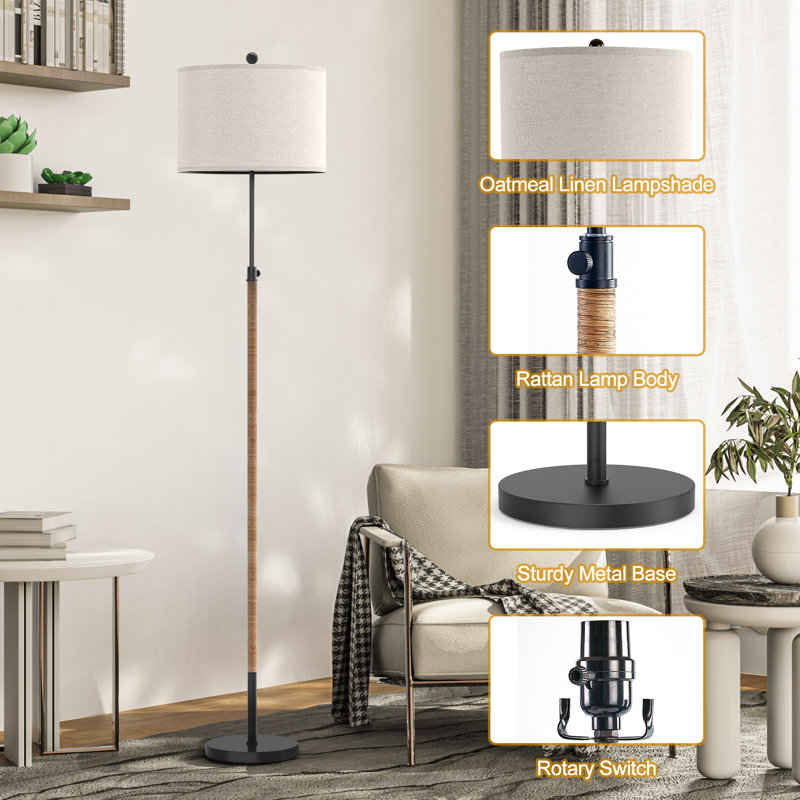 70" Adjustable Modern Rattan Floor Lamp For Living Room/bedroom, Black