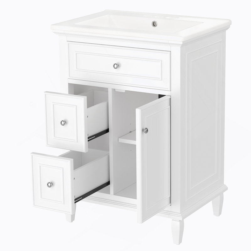 Bathroom Vanity With Sink, Bathroom Vanity Cabinet With Adjustable Shelf, One Flip Drawer And Two Drawers, White