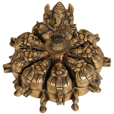 7" Brass Ganesha Ritual Storage Box - Handcrafted Nine-Compartment Indian Spice Organizer Decorative Container Home Decor