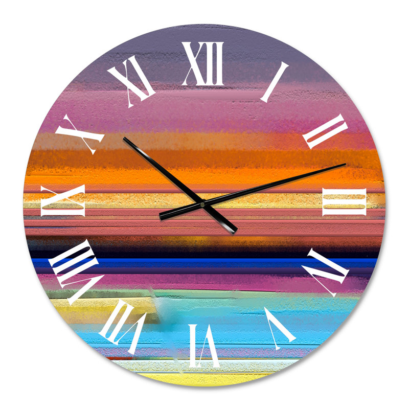 Minimal Strokes Composition en jaune, mauve et orange - horloge murale moderne, Moyen