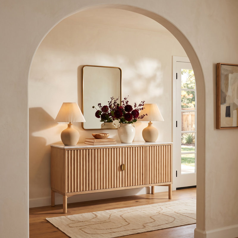 Estell Marble Top Sideboard Shelves Storage Natural Oak Cabinet with Unique Reeded Doors