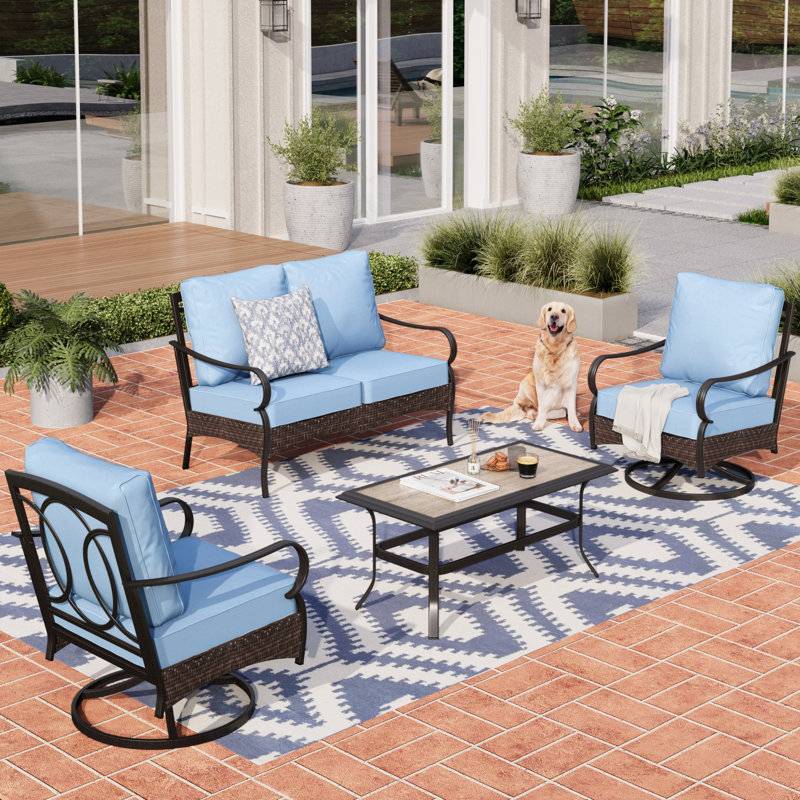 4-person Front Porch Furniture Set With Swivel Lounge Chairs, Blue