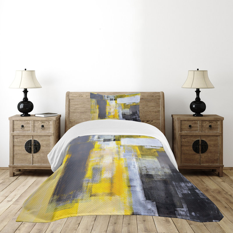 Twin Gray and Yellow Abstract Quilted Bedspread Set