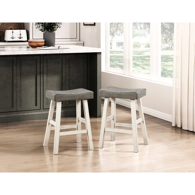 2 tabourets de comptoir en bois d'hévéa massif, style transitionnel, 2 pièces, Café / blanc