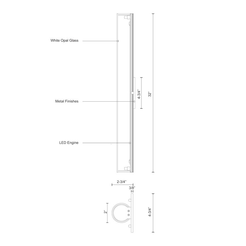 Bute LED Wallchiere, 32" H x 2" W x 2.75" D, Brushed Nickel