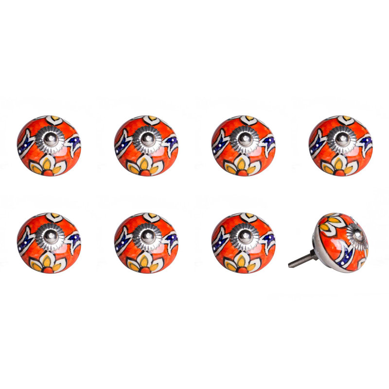 Ensemble de huit poignées de tiroir en céramique à motif floral orange et blanc