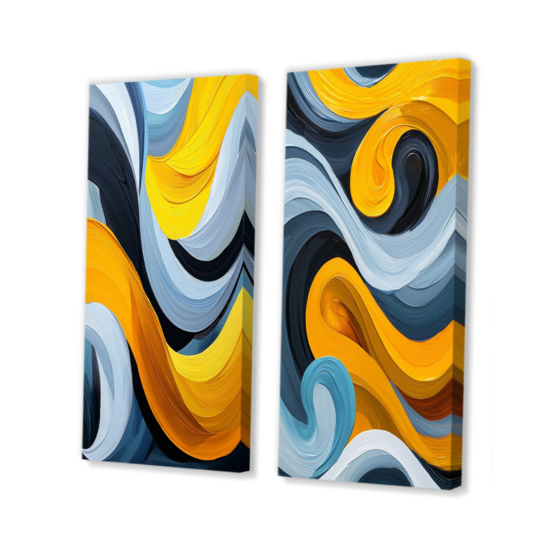 Bleu et jaune, lignes de vapeur océaniques I - Collection d'art mural abstrait 2 pièces, H 28 po x l 25 po, Toile tendue
