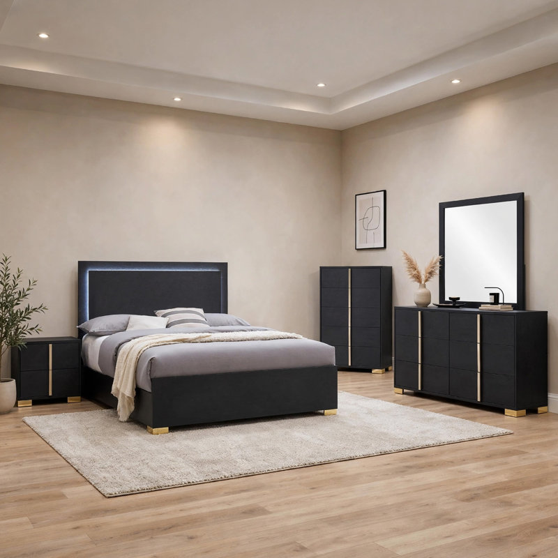 Ensemble de chambre avec grand lit 5 pièces Dex et tête de lit à DEL moderne, miroir, noir, Noir, Grand lit