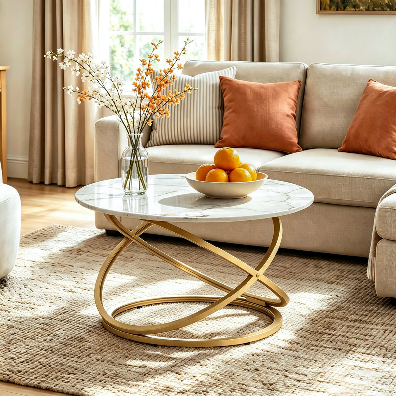 Reepham Modern Design Marble Coffee Table for Living Room, White Top/Gold Base