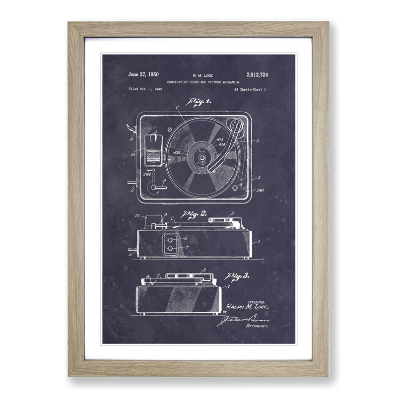 Record Player Patent Dark - Picture Frame Graphic Art, 36cm H x 27cm W x 2cm D, Oak Framed