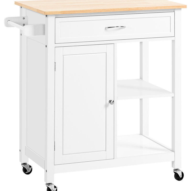 Chariot pour îlot de cuisine avec tiroir, plateau en bois massif, rangement, blanc pour la salle à manger, rangement stable et à tiroirs