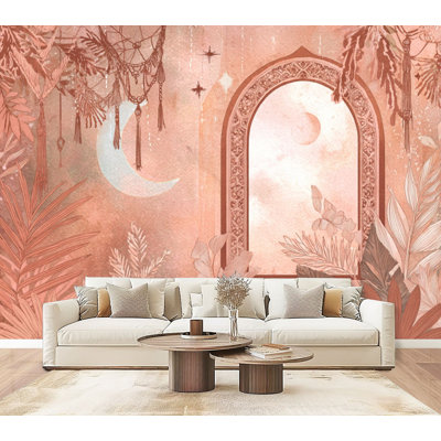 Peel and Stick Wallpaper Serene Layered Boho Art Moon Earth Tones Wall Murals 69"H x 96"W Removable PVC Wall Paper Self-Adhesive Wall Decor for Bedroom Living Room Home Office