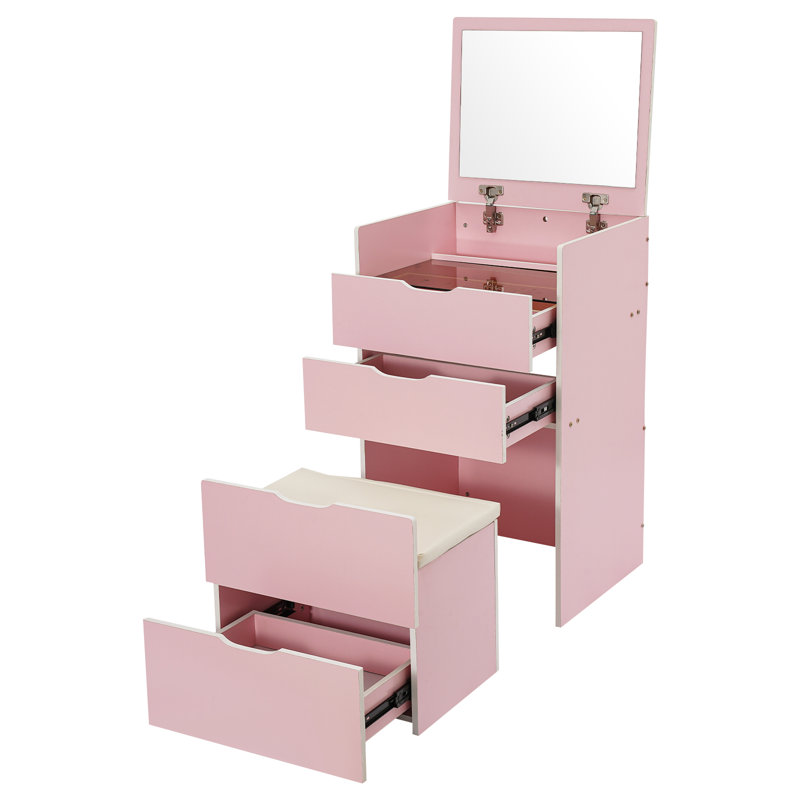 Ensemble de coiffeuse avec miroir, 3 tiroirs et tabouret , Rose