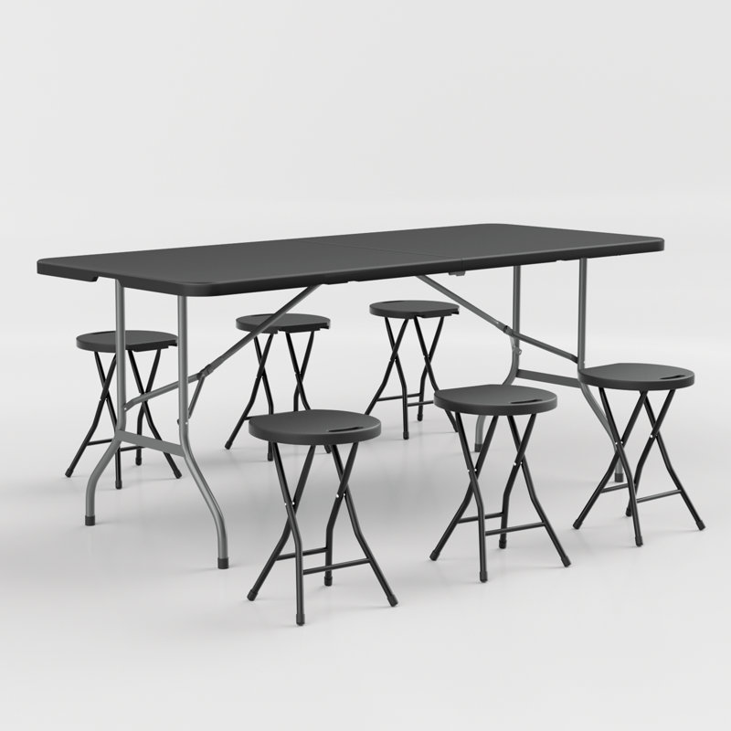 7-Piece Rectangular Folding Plastic Dining Table with 6 Chairs Set with Handle, Black