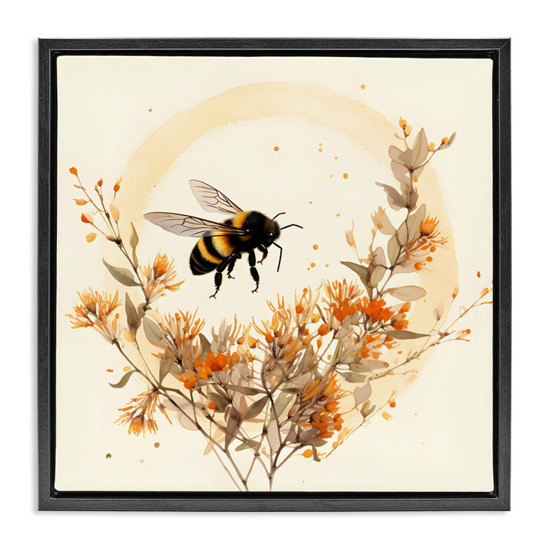"Bee Florals View", art mural encadré par Petal Prints Design, Cadre flottant noir de jais, H 18 po x l 18 po