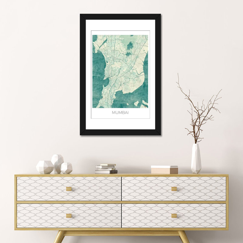 « mumbai rétro bleu aquarelle urban blueprint map », impression sur toile, H 24 po x l 16 po x P 1 po, Papier avec cadre noir