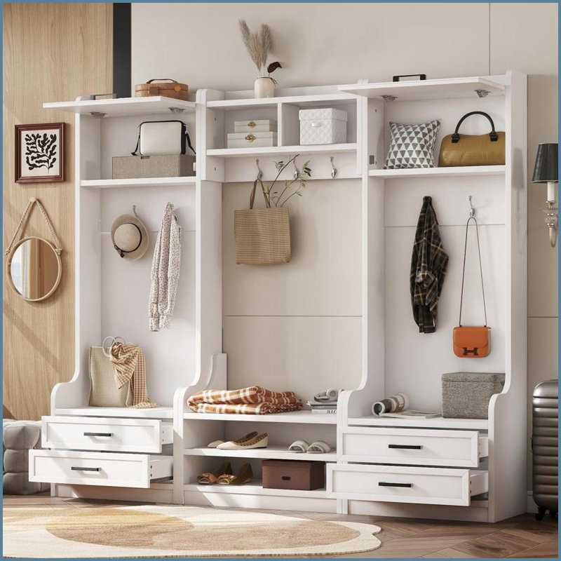 Hall Tree 4-in-1 Detachable with Storage, 4 Drawers, 7 Hooks &amp; Shoe Bench | White | Particle Board+MDF, White