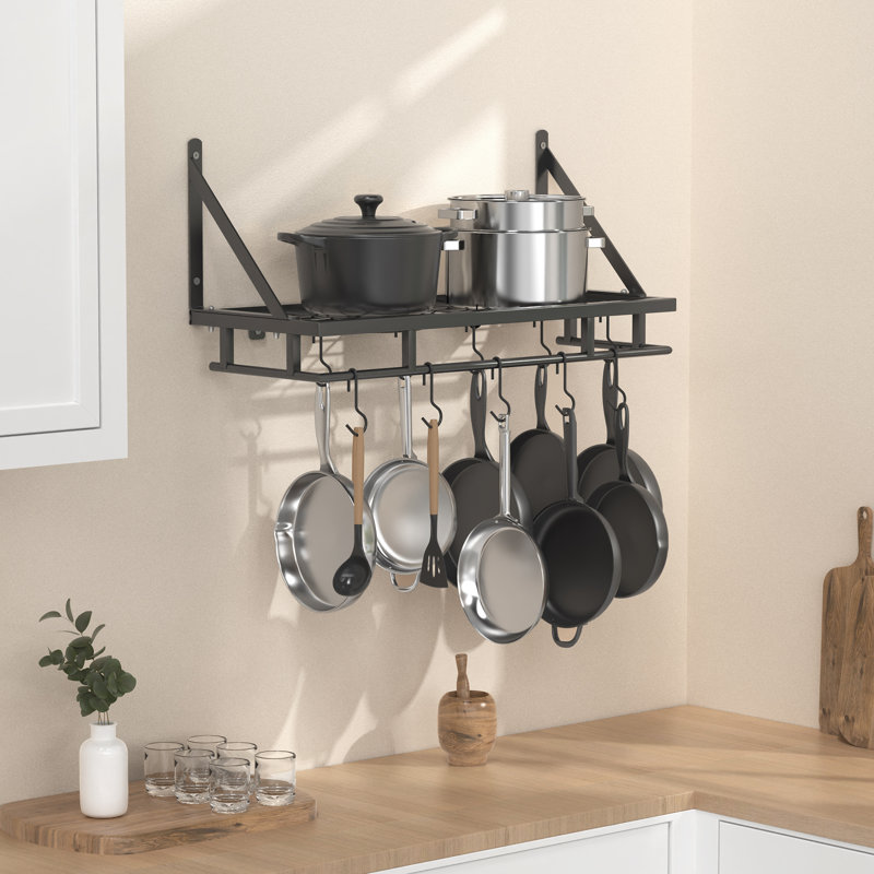 Wall Mounted Pot Rack Kitchen 24 Inch Hanging Storage Organizer Wall Shelf with Hooks Matte Black