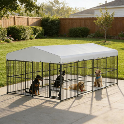 Chenil d'extérieur pour chien 10 'x 15' avec couvercle imperméable, enclos en métal robuste avec porte d'alimentation, cage verrouillable pour chiens, poulets et petits animaux