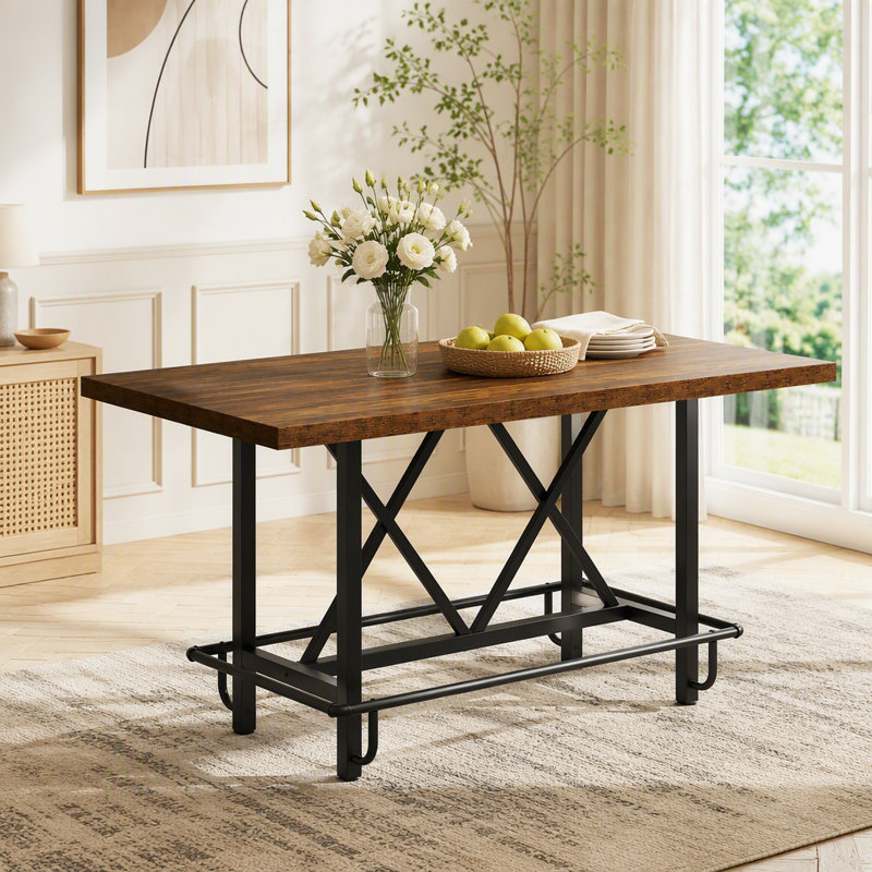63" Counter Height Dining Table with Industrial Metal Frame & Footrest